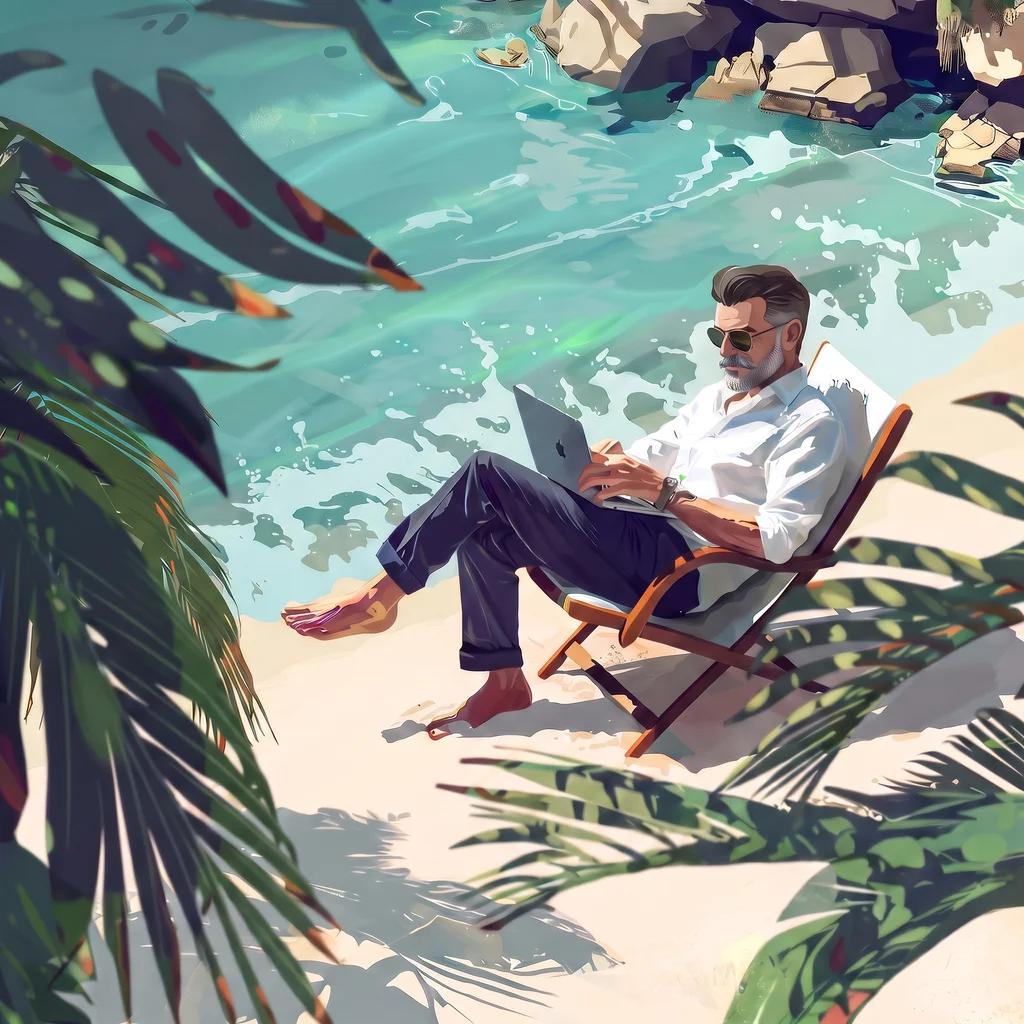 Ilustracja Marka z laptopem na tropikalnej plaży