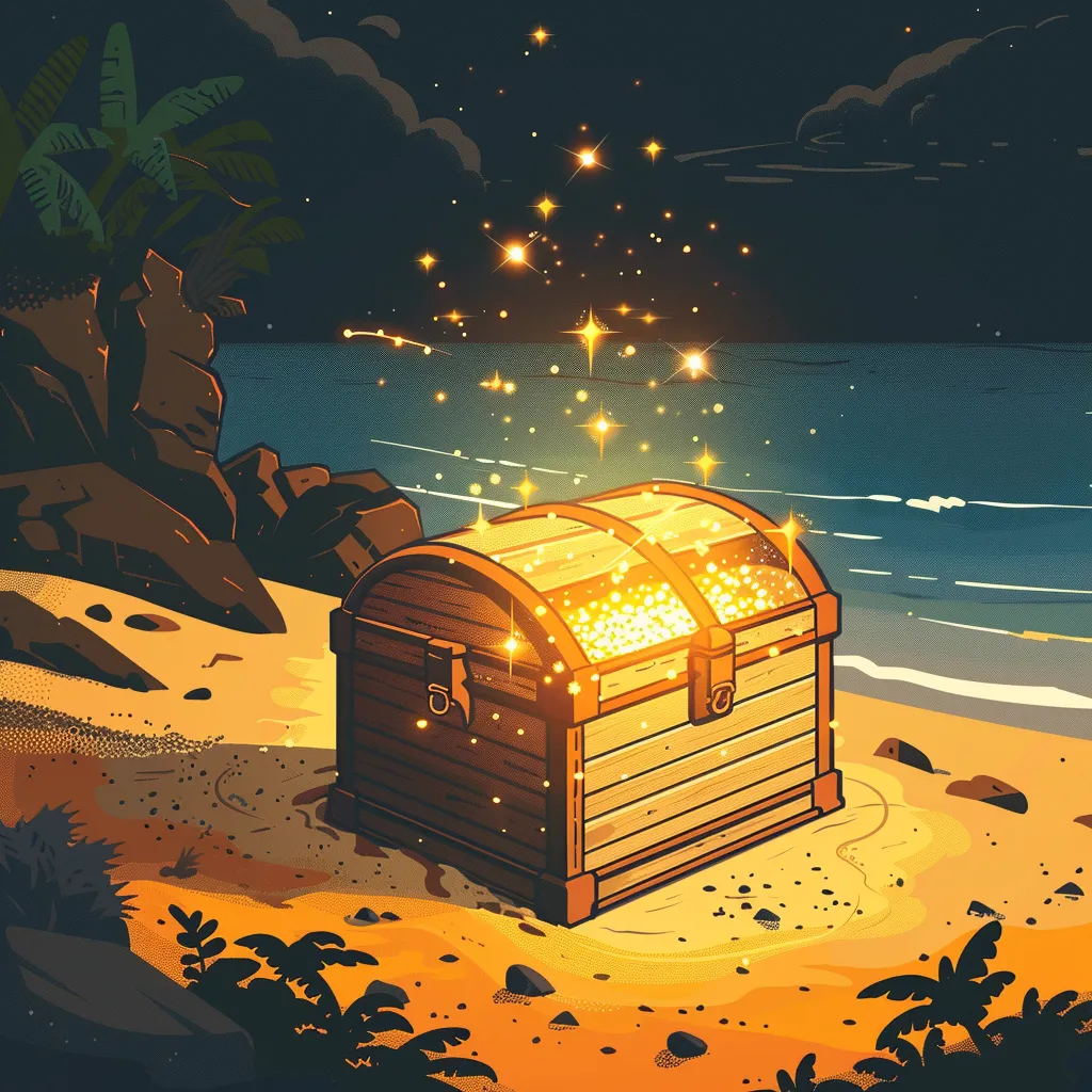 Glowing treasure chest on a beach