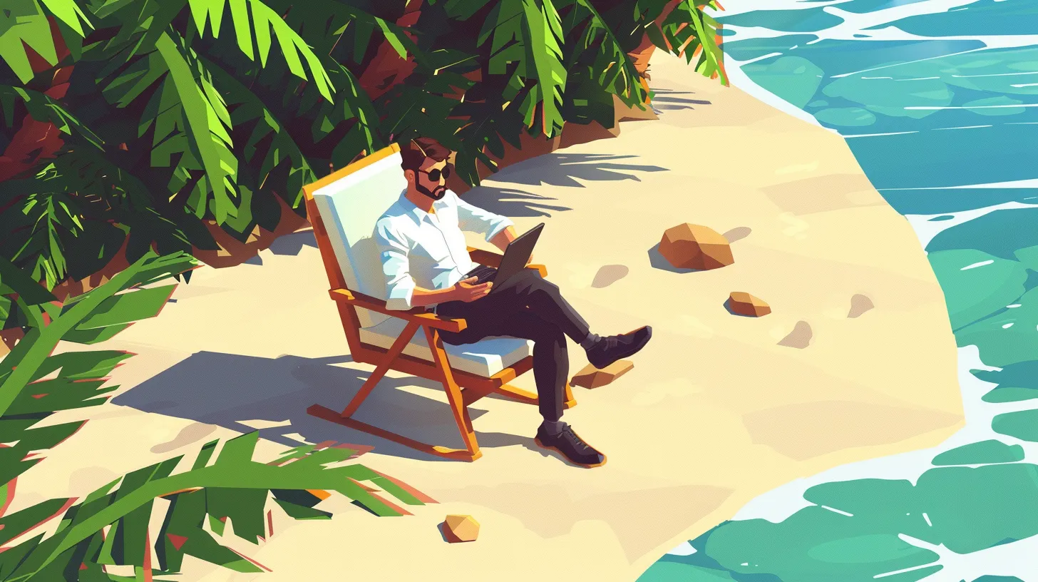 Senior z laptopem na tropikalnej plaży