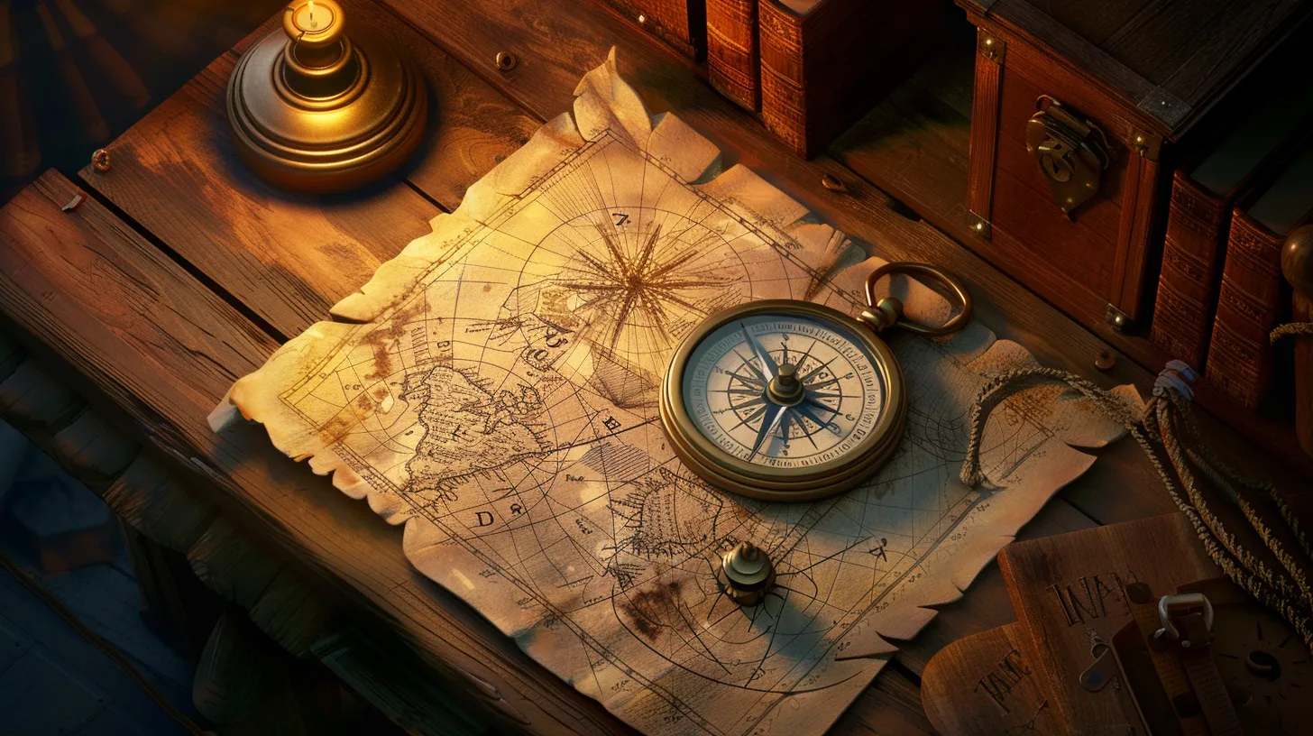 Compass and treasure map on a captain's desk